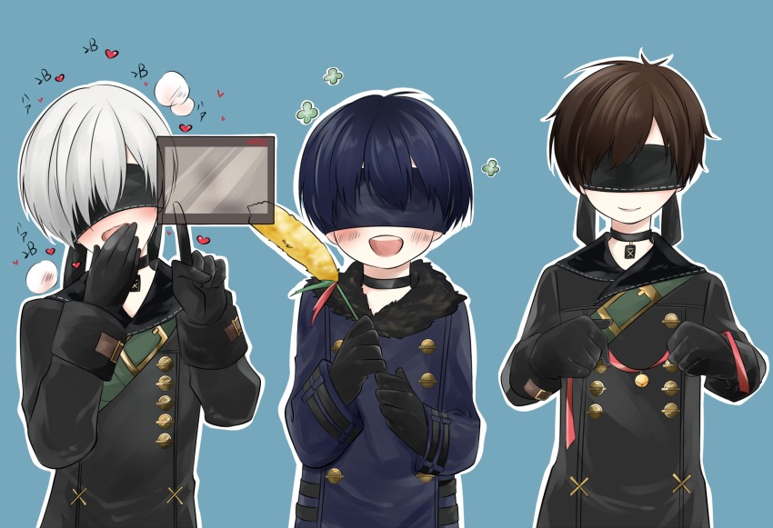 3boys, 4s_(nier:automata), 9s_(nier:automata), an2057427, bell, black_choker, black_gloves, black_jacket