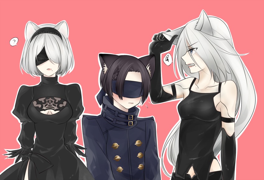 3girls, an2057427, android, animal_ears, black_dress, black_hair, black_hairband, blindfold, blue_eyes, blue_jacket, braid, cat_ears, character_request, cleavage_cutout, clothing_cutout, collar, collarbone, commentary_request, dress, elbow_gloves, feather-trimmed_sleeves, gloves, hairband, highres, jacket, joints, juliet_sleeves, long_hair, long_sleeves, mole, mole_under_mouth, multiple_girls, nier_(series), nier:automata, pink_background, pink_lips, puffy_sleeves, robot_joints, short_hair, silver_hair, simple_background, standing, tank_top, 2b_(nier:automata), a2_(nier:automata)