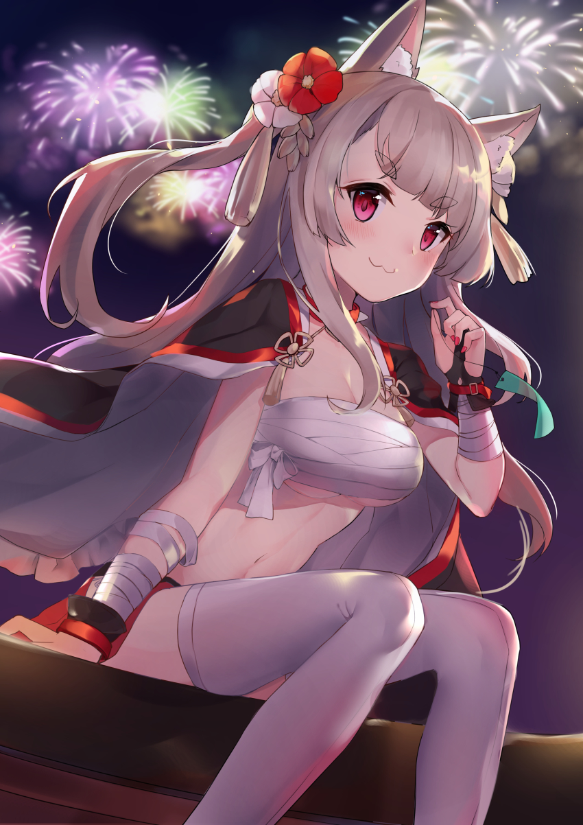 1girl, :3, absurdres, aerial_fireworks, animal_ear_fluff, animal_ears, arm_support, azur_lane