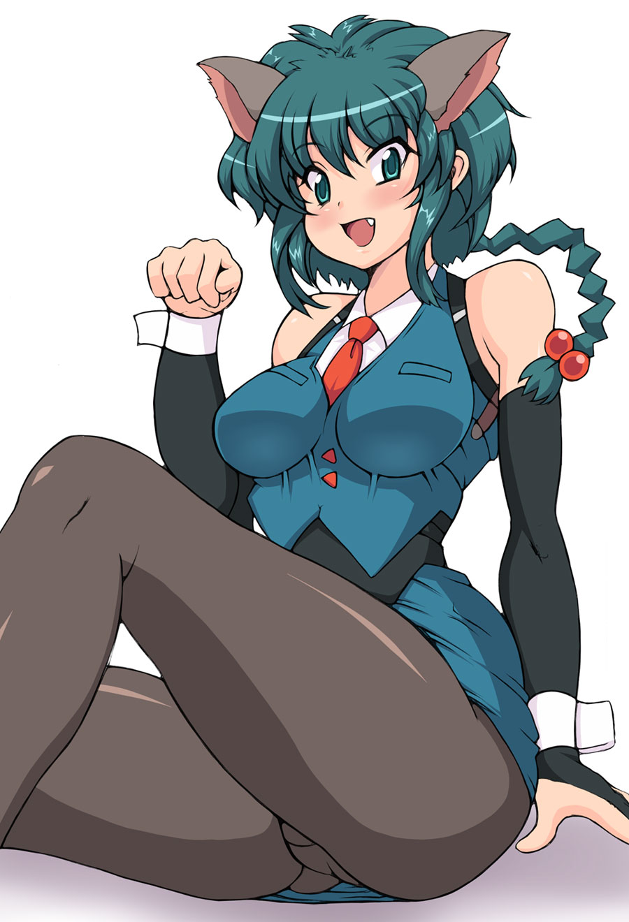 1girl, :d, animal_ears, aqua_eyes, aqua_hair, arm_at_side, bare_shoulders, black_pantyhose