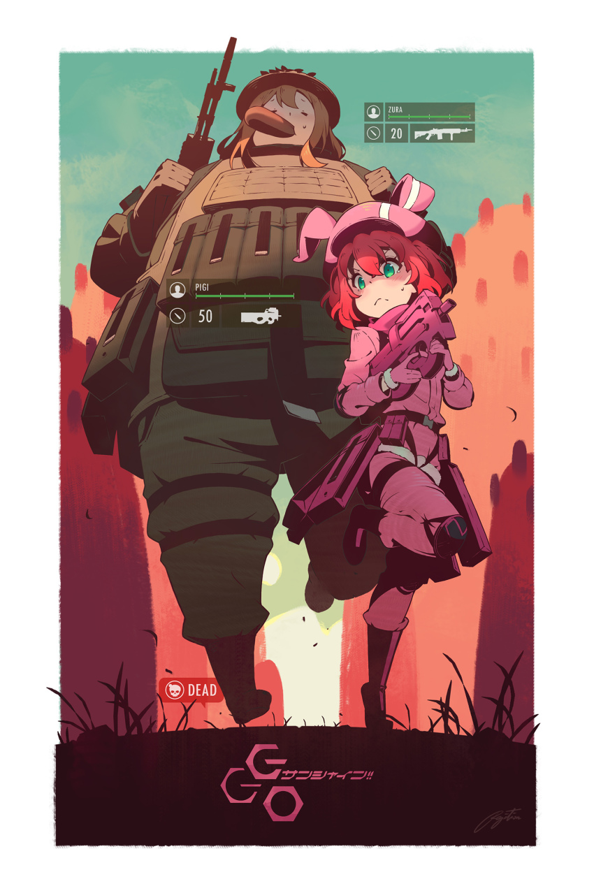 2girls, animal_ears, animal_hat, blush, body_armor, boots, bread, brown_hair