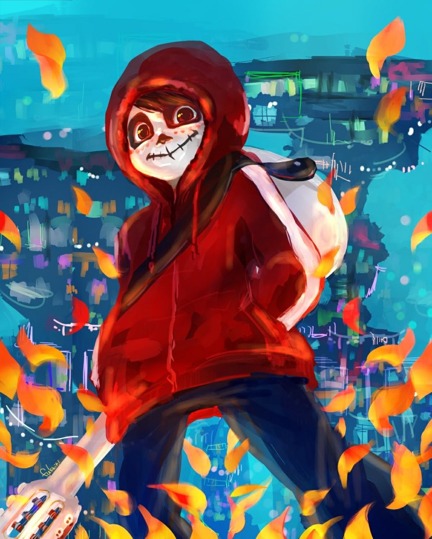 1boy, black_hair, brown_eyes, coco_(disney), dark_skin, dia_de_muertos, flower, futsukiri_ringo, guitar, hands_in_pockets, highres, hood, hoodie, instrument, male_focus, mask, miguel_rivera, short_hair, skeleton, skull, skull_mask, smile, solo