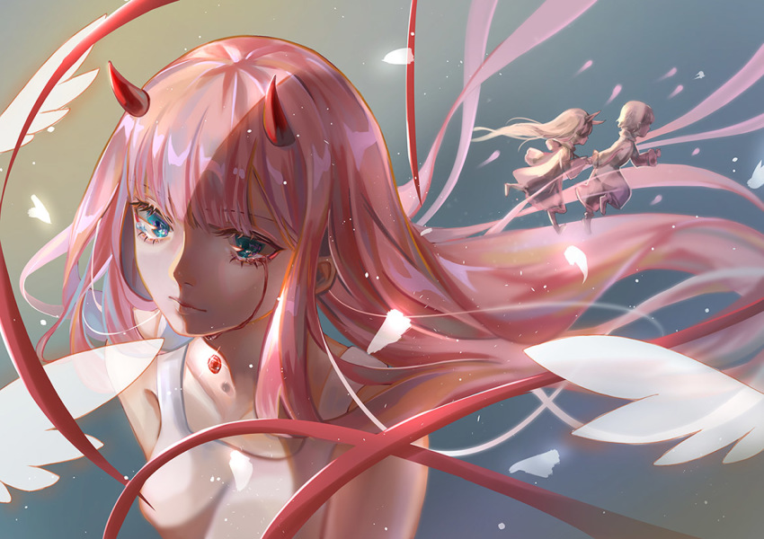 10s, 1girl, bare_shoulders, black_robe, breasts, commentary_request, darling_in_the_franxx, female_focus, green_eyes, hair_between_eyes, hiro_(darling_in_the_franxx), horns, juanone88, long_hair, medium_breasts, nightgown, oni_horns, pink_hair, red_horns, robe, solo, zero_two_(darling_in_the_franxx)