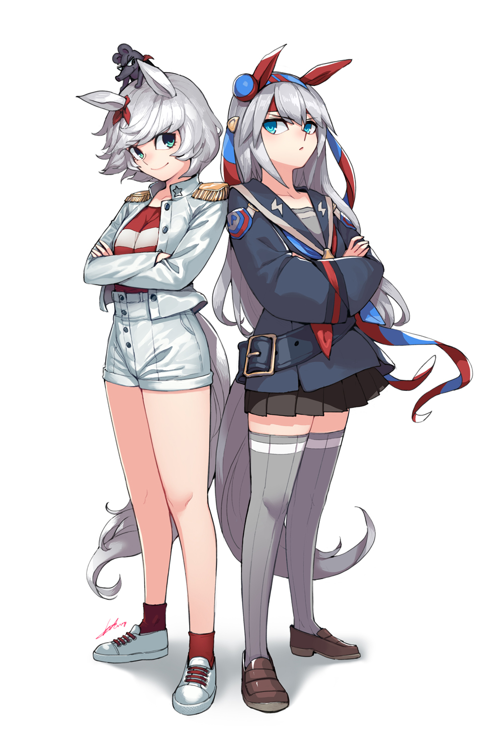 2girls, animal_ears, blue_eyes, bow, crossed_arms, crossover, green_eyes, grey_legwear