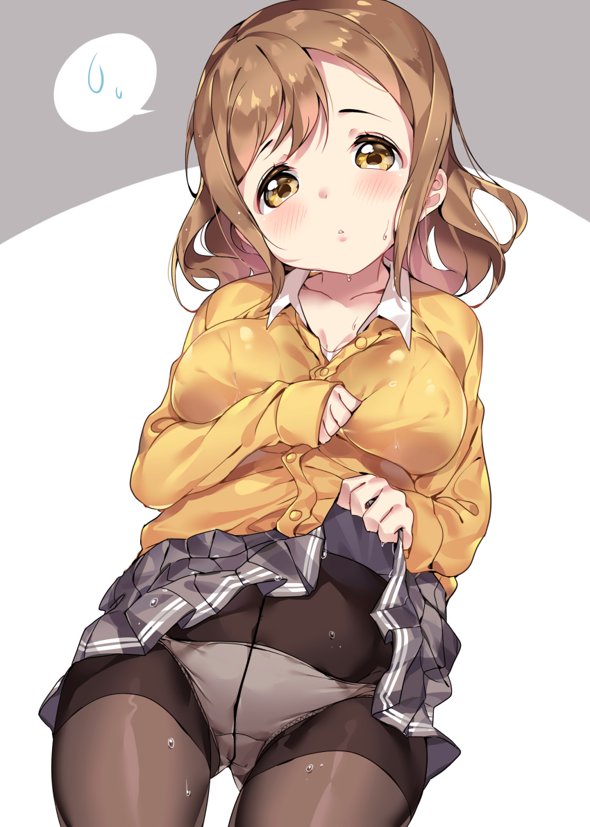 1girl, absurdres, blush, breasts, brown_eyes, brown_hair, brown_pantyhose, cardigan, clothes_lift, collarbone, collared_shirt, crotch_seam, dutch_angle, female_focus, gluteal_fold, grey_background, grey_skirt, head_tilt, highres, kunikida_hanamaru, large_breasts, lifting_own_clothes, love_live!, love_live!_sunshine!!, panties, panties_under_pantyhose, pantyhose, parted_lips, pleated_skirt, shirt, skirt, skirt_lift, solo, spoken_sweat, tem10, two-tone_background, underwear, wet, wet_clothes, wet_hair, wet_skirt, white_background, white_panties, white_shirt, yellow_cardigan
