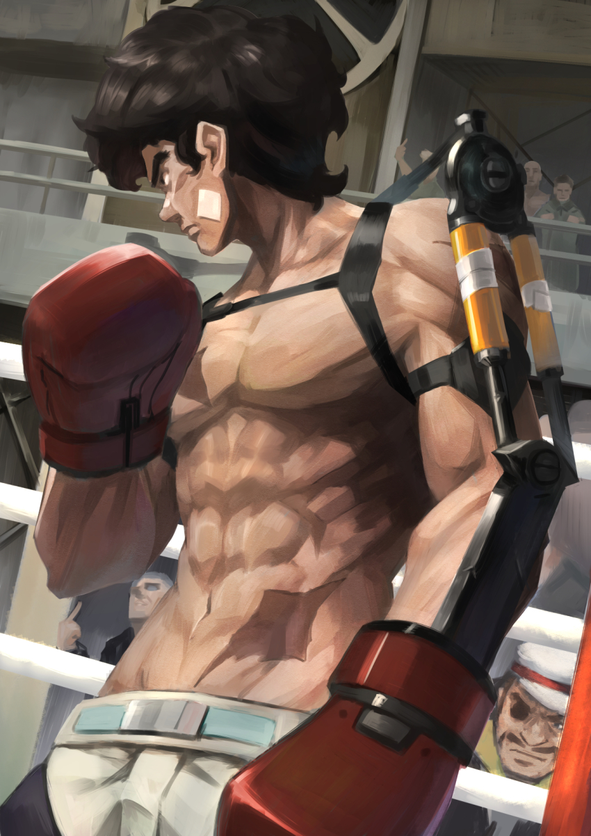 10s, 6+boys, abs, bandages, black_hair, boxing_gloves, boxing_ring, eyepatch