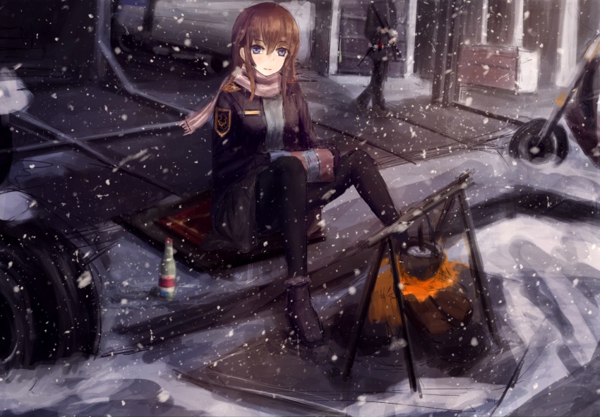 1boy, 1girl, akatim_(lu2596818), ankle_boots, bad_id, bad_pixiv_id, black_footwear, black_jacket, black_pantyhose, black_skirt, blazer, blue_eyes, blush, boots, brown_hair, closed_mouth, commentary_request, dot_nose, fire, fringe_trim, grey_shirt, hair_between_eyes, highres, jacket, kettle, light_smile, long_hair, long_sleeves, looking_at_viewer, miniskirt, muff, night, original, outdoors, pantyhose, pink_scarf, scarf, scenery, shirt, sitting, sketch, skirt, snow, snowing, solo_focus, spread_legs, striped_clothes, striped_scarf, winter, winter_clothes