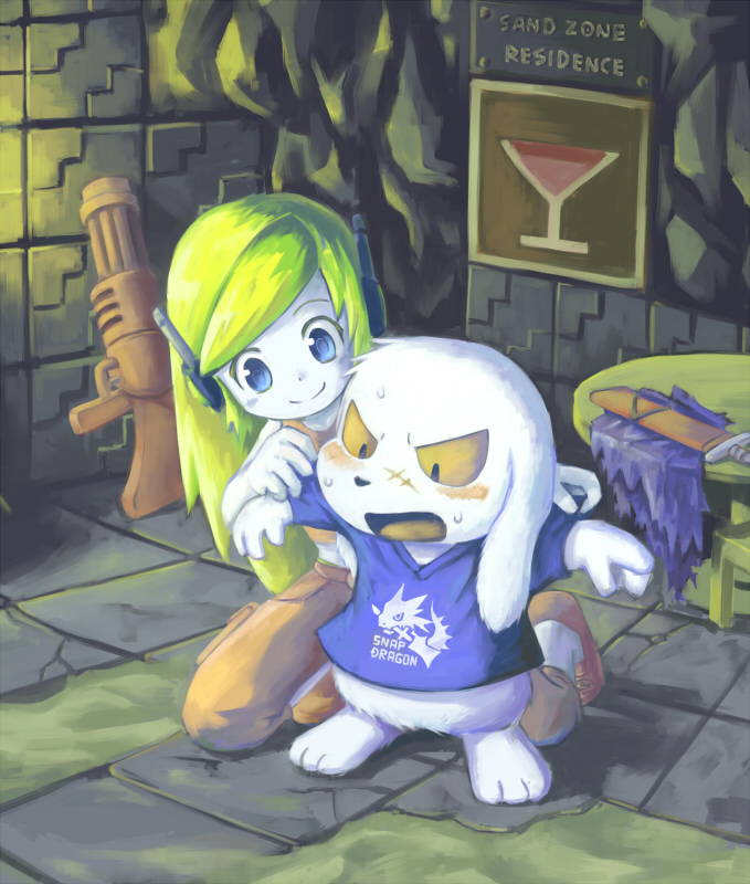 blue_eyes, curly_brace, doukutsu_monogatari, kibi_(kibi.ibik), king_(cave_story), mimiga, robot_ears, scar, sign, sword, weapon