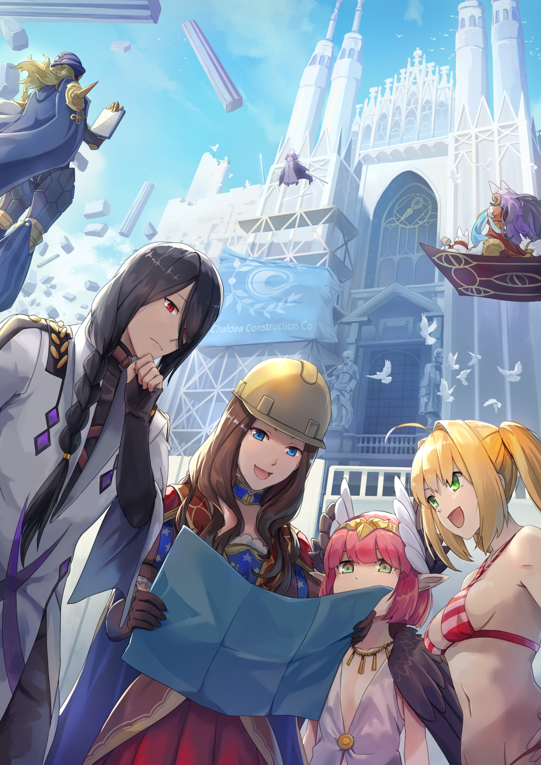 2boys, 5girls, :d, ahoge, archimedes_(fate), avicebron_(fate), bird, black_hair, blonde_hair, blue_eyes, blue_sky, blueprint_(object), breasts, brown_gloves, brown_hair, cathedral, church, circe_(fate), circlet, commentary_request, construction_site, construction_worker, day, elbow_gloves, fate/grand_order, fate_(series), fingerless_gloves, flag, floating, flying, gloves, green_eyes, hair_over_one_eye, hand_on_own_chin, helmet, highres, holding, hsin, leonardo_da_vinci_(caster)_(fate), leonardo_da_vinci_(fate), logo, long_hair, magic_carpet, medea_(caster)_(fate), medea_(fate), medium_breasts, multiple_boys, multiple_girls, navel, nero_claudius_(fate), nero_claudius_(swimsuit_caster)_(fate), one_eye_covered, open_mouth, outdoors, paracelsus_von_hohenheim_(fate), paracelsus_von_hohenheim_(third_ascension)_(fate), pillar, pink_hair, pointy_ears, queen_of_sheba_(fate), red_eyes, sky, small_breasts, smile, solomon_(fate), twintails