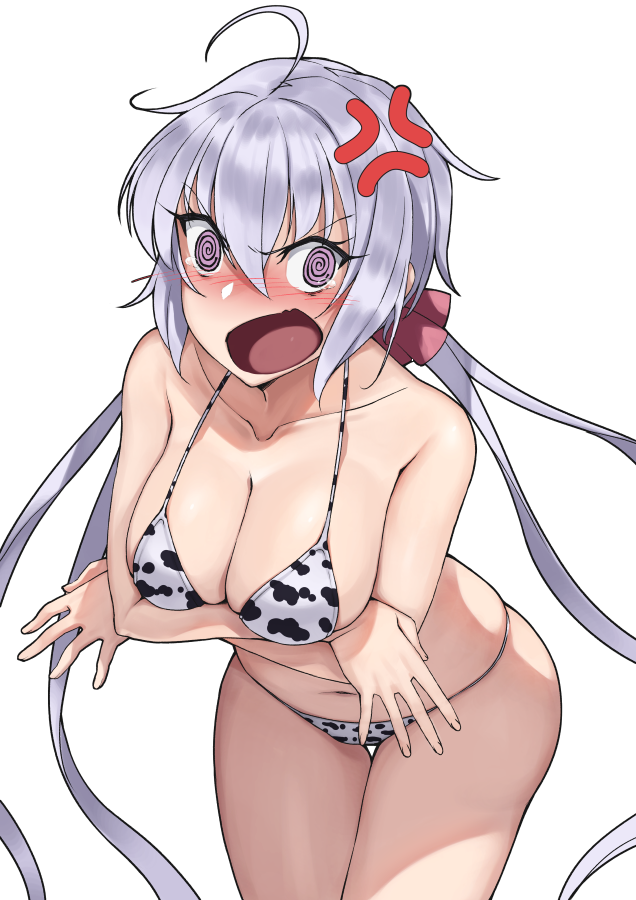 1girl, @_@, anger_vein, angry, animal_print, bikini, breasts, cleavage
