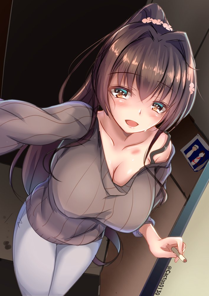 1girl, admiral_(kancolle), blush, breasts, brown_eyes, brown_hair, brown_sweater, cigarette