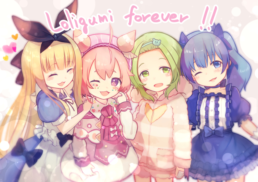 4girls, :d, ;3, ;d, apron, bear_hair_ornament, black_bow, black_ribbon