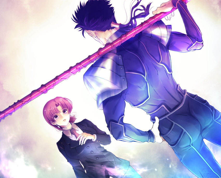 1boy, 1girl, armor, bazett_fraga_mcremitz, black_pants, blue_bodysuit, blue_hair, bodysuit