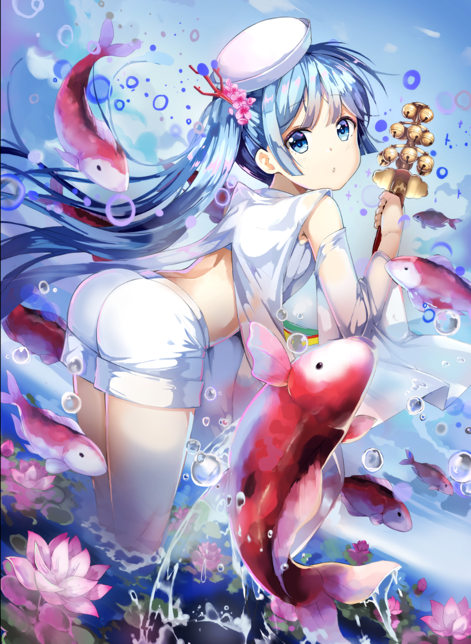 1girl, ass, blue_eyes, blue_hair, water_drop, fish, flower, hair_flower