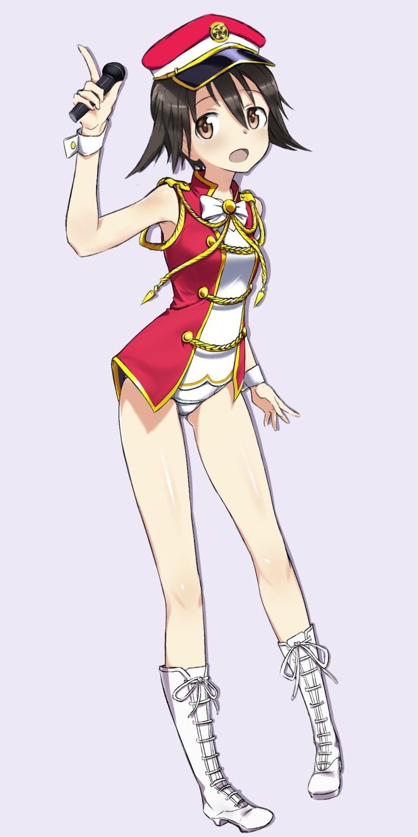 1girl, 501st_joint_fighter_wing_(emblem), aiguillette, alternate_costume, boots, brown_eyes, brown_hair, newsboy_cap, crotch_seam, fankupl, female_focus, full_body, gluteal_fold, hat, highres, holding, holding_microphone, idol, jacket, lace-up_boots, light_smile, looking_at_viewer, microphone, miyafuji_yoshika, no_pants, one-piece_swimsuit, open_mouth, pointing, pointing_up, purple_background, red_hat, red_jacket, school_swimsuit, short_hair, simple_background, sleeveless, sleeveless_jacket, solo, standing, strike_witches, swimsuit, swimsuit_under_clothes, white_one-piece_swimsuit, world_witches_series, wrist_cuffs