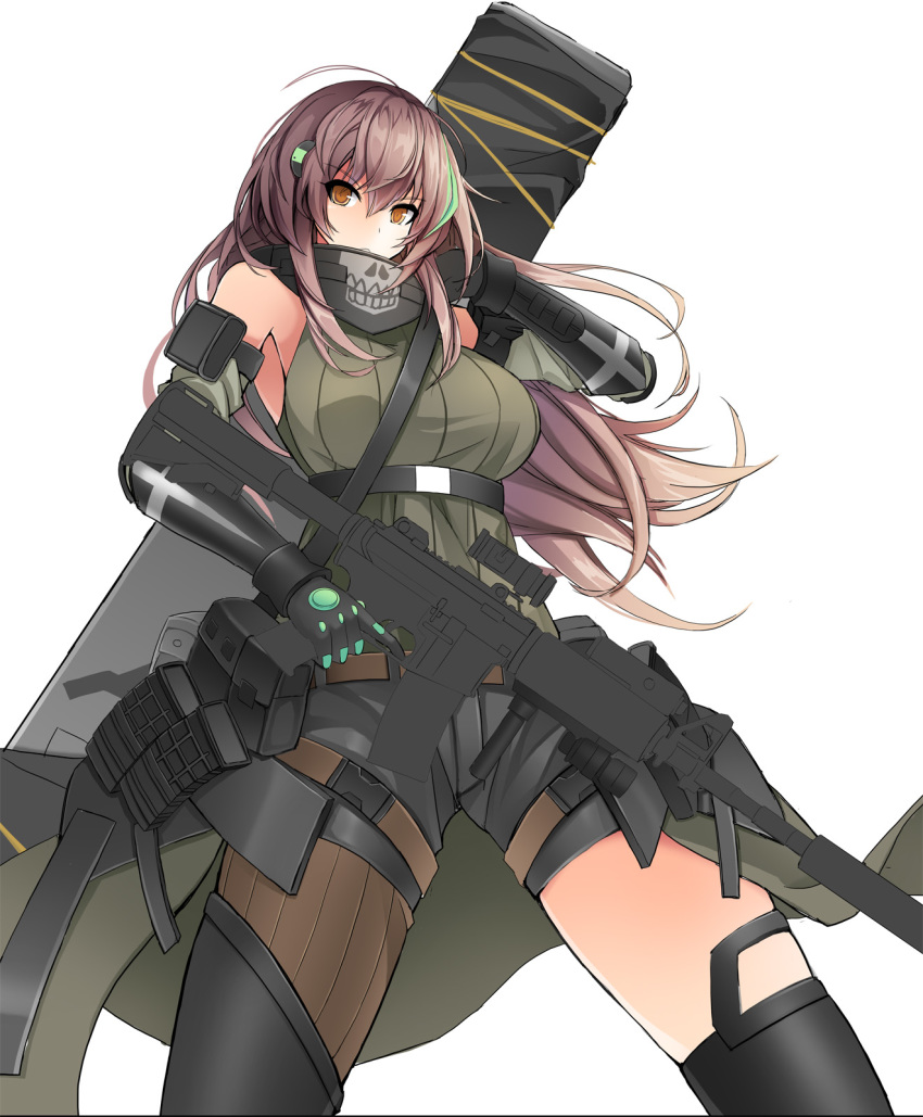 1girl, arm_strap, armor, armpits, assault_rifle, asymmetrical_legwear, bad_id, bad_pixiv_id