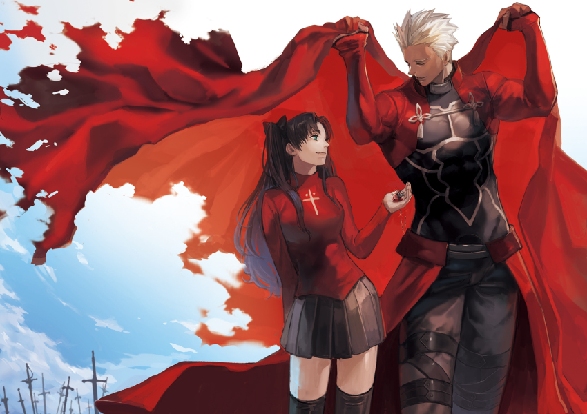 1boy, 1girl, archer_(fate), armor, black_hair, black_skirt, black_thighhighs, body_armor