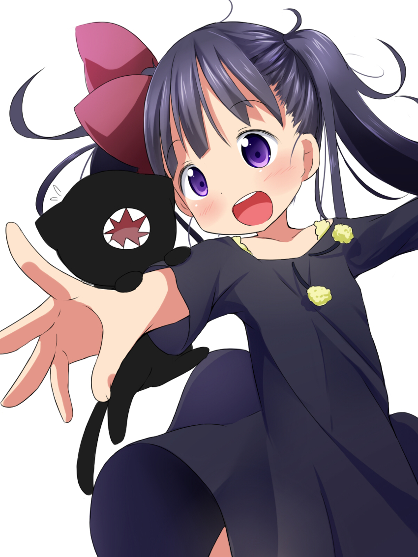 1girl, :d, black_cat, black_dress, black_hair, blush, bow, cat