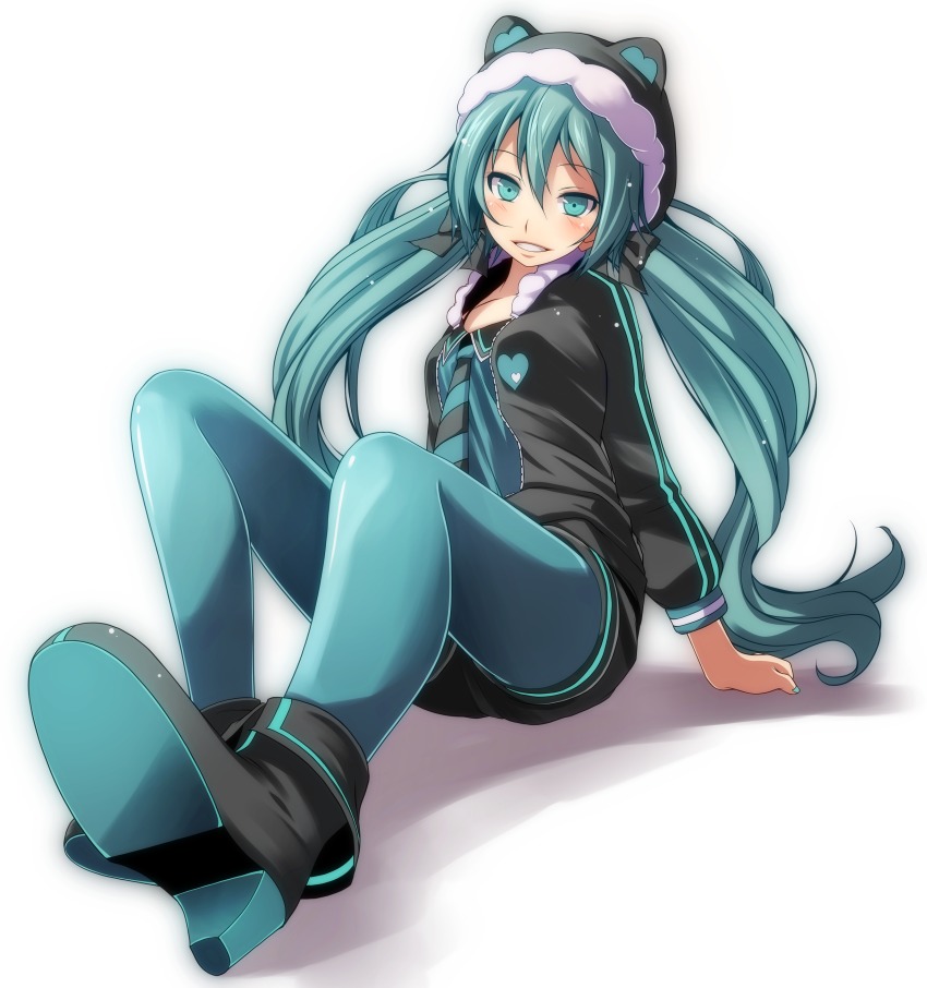 1girl, absurdres, animal_ears, arm_support, black_hat, black_jacket, black_ribbon, black_shorts