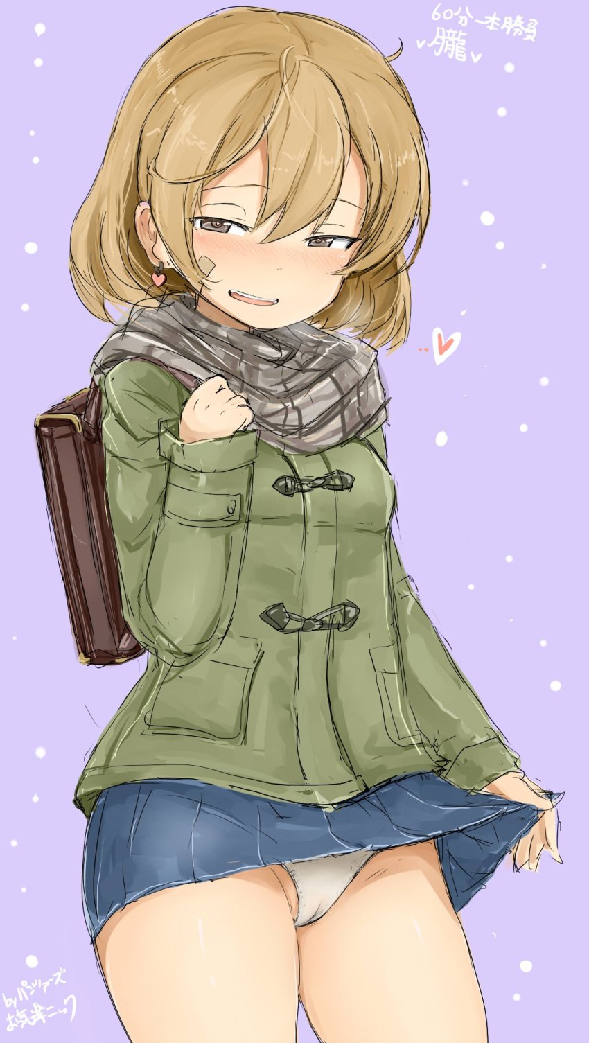 1girl, bandaid, bandaid_on_face, blue_skirt, blush, breasts, clothes_lift, earrings, female_focus, gradient_background, green_jacket, hair_between_eyes, heart, highres, jacket, jewelry, kantai_collection, lifting_own_clothes, looking_at_viewer, medium_hair, miniskirt, oboro_(kancolle), oboro_(valentine)_(kancolle), okiraku_nikku, open_mouth, panties, purple_background, scarf, skirt, skirt_lift, small_breasts, snowing, solo, underwear, white_panties