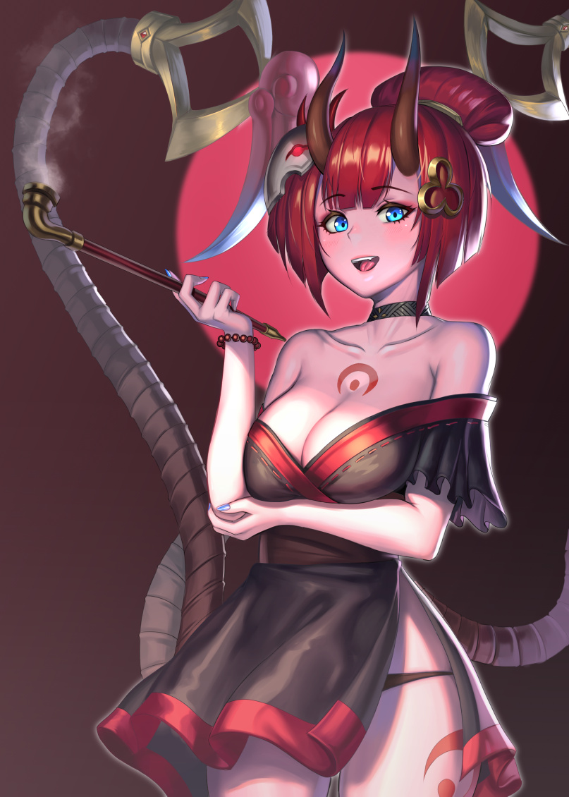 1girl, arm_under_breasts, bare_shoulders, black_panties, blood_moon_evelynn, blue_eyes, blunt_bangs, blush, breasts, choker, cleavage, collarbone, cowboy_shot, dress, evelynn_(league_of_legends), fang, female_focus, frilled_sleeves, frills, hair_ornament, holding, holding_smoking_pipe, horns, league_of_legends, looking_at_viewer, makeup, mascara, medium_breasts, moonandmist, oni, open_mouth, panties, panty_pull, red_hair, short_sleeves, smile, smoking_pipe, solo, tattoo, underwear