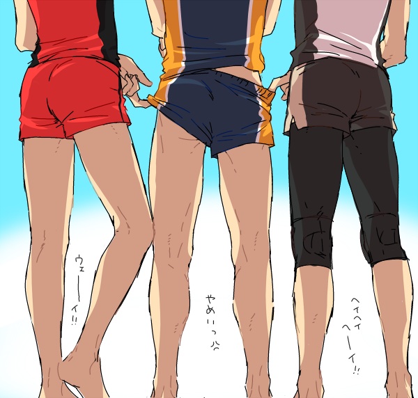 3boys, ass, ass_focus, barefoot, bokuto_koutarou, from_behind, haikyuu!!, kuroo_tetsurou