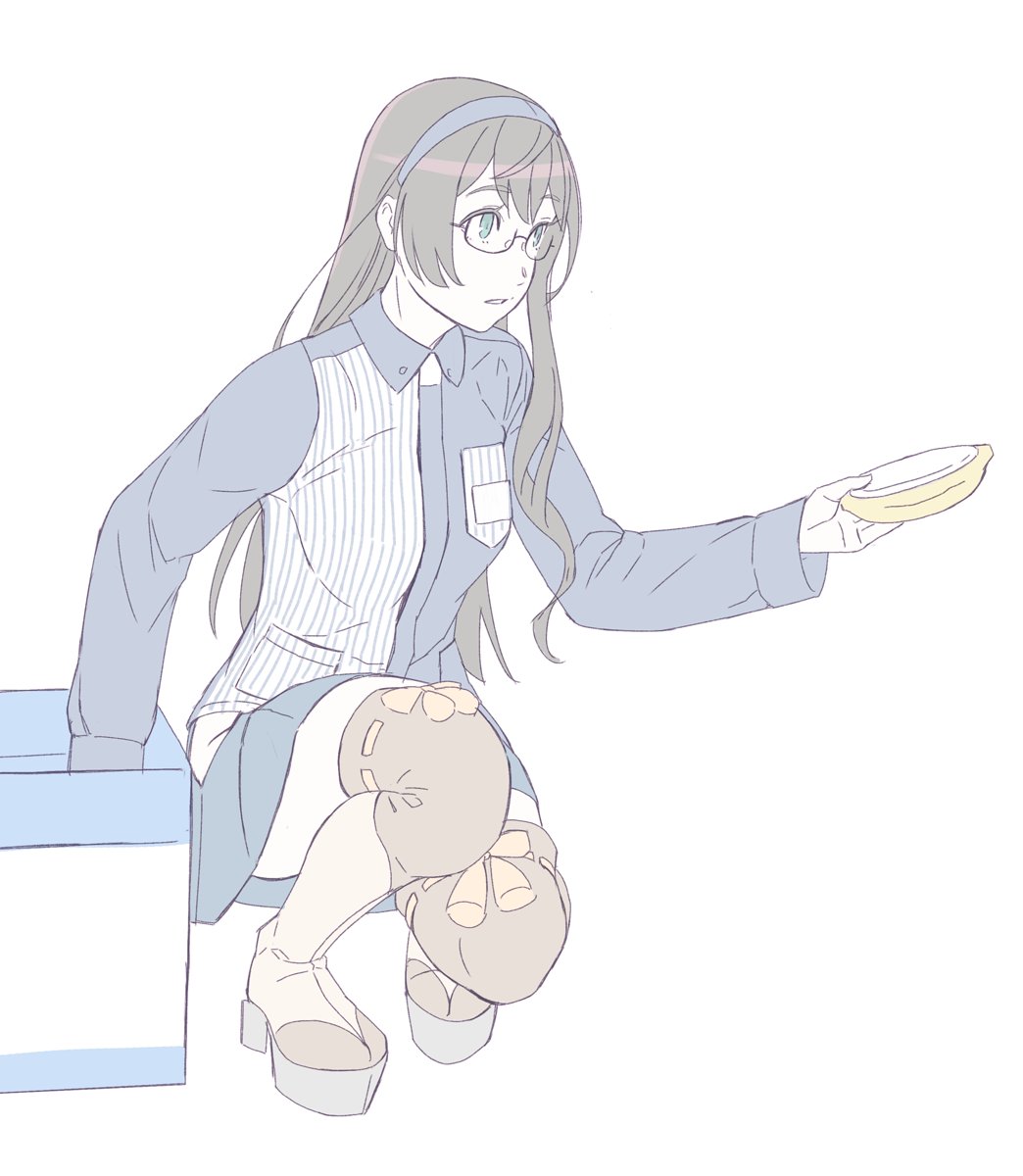 1girl, black_hair, blue_hairband, boots, box, clothing_cutout, commentary_request, employee_uniform