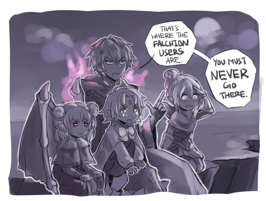 1boy, 3girls, annoyed, aura, border, child, dark, dark_aura, dark_persona, double_bun, dragon_wings, english_text, fae_(fire_emblem), female_kana_(fire_emblem), fire_emblem, fire_emblem:_the_binding_blade, fire_emblem:_the_sacred_stones, fire_emblem_awakening, fire_emblem_fates, fire_emblem_heroes, green_eyes, grey_eyes, grima_(fire_emblem), hair_bun, hihkoo, kiran_(fire_emblem), male_robin_(fire_emblem), male_robin_(grima)_(fire_emblem), monochrome, multiple_girls, myrrh_(fire_emblem), night, nintendo, open_mouth, outline, parody, red_eyes, scared, shaking, sidelocks, single_hair_bun, sitting, sitting_on_lap, sitting_on_person, tearing_up, the_lion_king, white_border, white_outline, wings