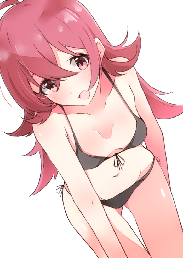 1girl, :d, bare_arms, bare_shoulders, bikini, black_bikini, blush, breasts