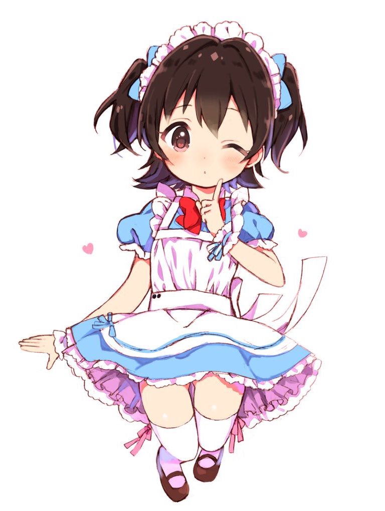 1girl, akagi_miria, apron, black_footwear, blush, bow, bowtie, brown_hair