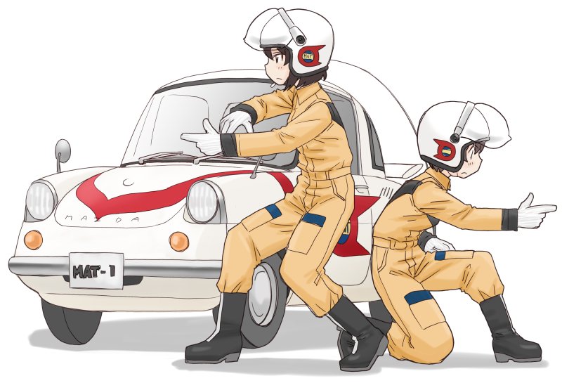 10s, 2girls, back-to-back, black_footwear, black_hair, boots, brown_hair, closed_mouth, commentary_request, cosplay_request, emblem, finger_gun, from_side, frown, girls_und_panzer, gloves, hat, helmet, hoshino_(girls_und_panzer), jumpsuit, kaette_kita_ultraman, logo, long_sleeves, mazda_r360, multiple_girls, nakajima_(girls_und_panzer), on_one_knee, orange_jumpsuit, shadow, simple_background, standing, ultra_series, uona_telepin, white_background, white_gloves, white_hat