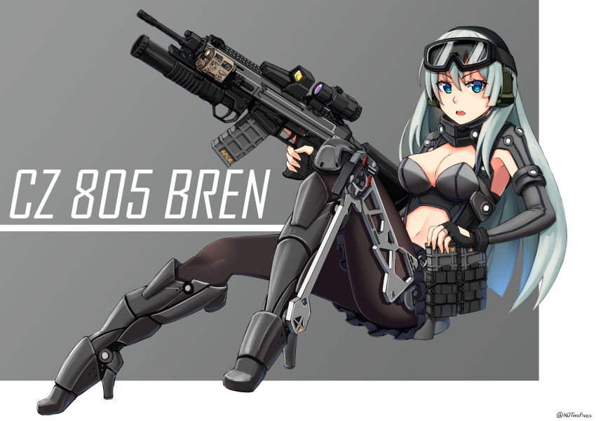 1girl, absurdres, ammunition_pouch, aqua_hair, armored_boots, assault_rifle, blue_eyes, boots