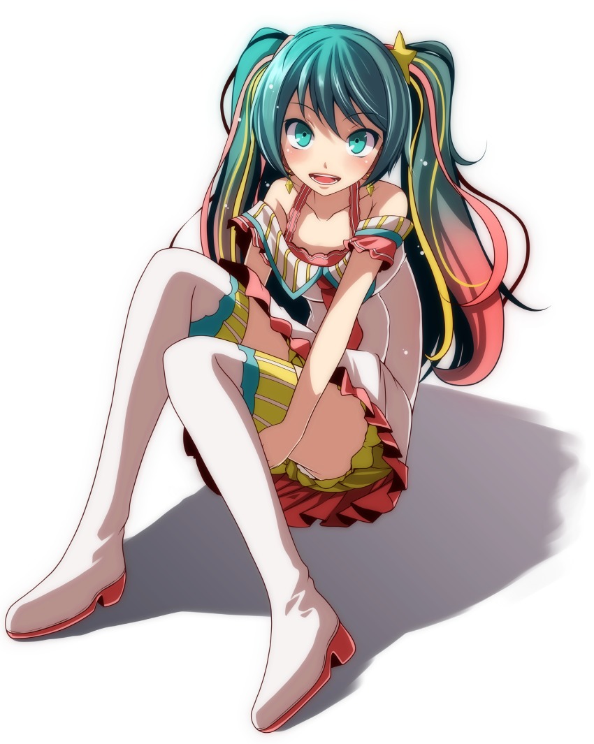 1girl, :d, absurdres, bad_id, bad_pixiv_id, blue_eyes, blue_hair, boots, collarbone, earrings, female_focus, full_body, hair_between_eyes, hair_ornament, hatsune_miku, hatsune_miku_(twinkle_star), highres, jewelry, long_hair, multicolored_hair, open_mouth, panties, pantyshot, project_diva_(series), project_diva_x, short_shorts, shorts, simple_background, sitting, smile, solo, star_(symbol), star_hair_ornament, thigh_boots, thighhighs, tsukishiro_saika, twintails, underwear, vocaloid, white_background, white_boots, yellow_shorts