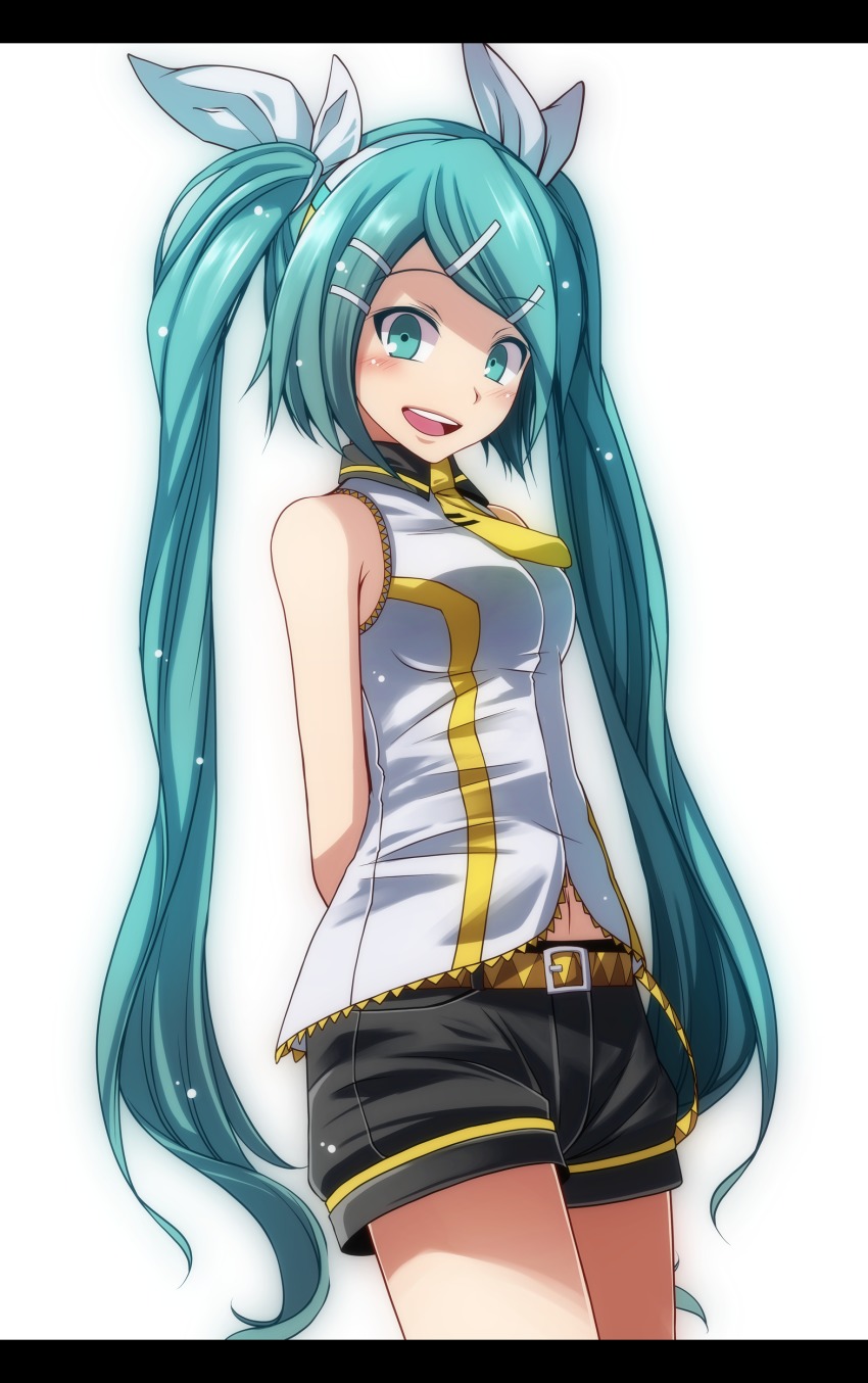 1girl, :d, absurdres, arms_behind_back, belt, black_shorts, blue_eyes, blue_hair, cosplay, cowboy_shot, female_focus, hair_ornament, hair_ribbon, hairclip, hatsune_miku, hatsune_miku_(rin-chan_aishi-tai_1-gou), highres, kagamine_rin, kagamine_rin_(cosplay), letterboxed, long_hair, navel, necktie, open_mouth, pillarboxed, ribbon, shirt, short_necktie, short_shorts, shorts, simple_background, sleeveless, sleeveless_shirt, smile, solo, standing, tsukishiro_saika, twintails, very_long_hair, vocaloid, white_background, white_ribbon, white_shirt, yellow_necktie