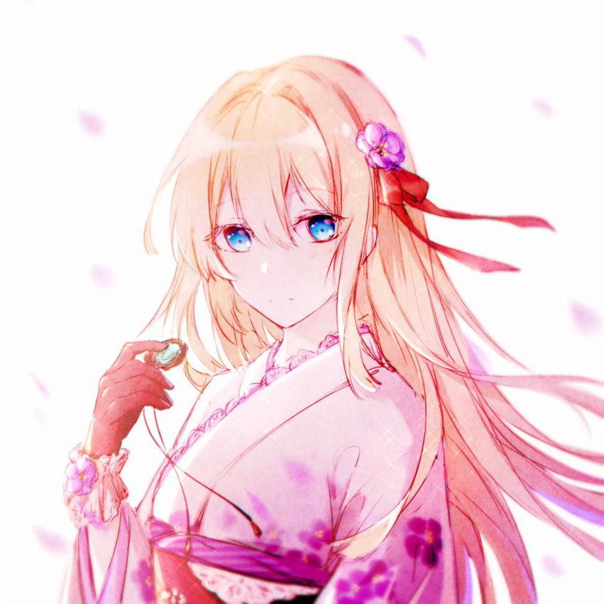 10s, 1girl, aqua_gem, blonde_hair, blue_eyes, female_focus, floating_hair, flower, gem, gloves, hair_between_eyes, hair_flower, hair_ornament, hair_ribbon, highres, holding, japanese_clothes, kimono, long_hair, pink_kimono, purple_flower, red_gloves, red_ribbon, ribbon, simple_background, solo, tohoko_kiri, upper_body, very_long_hair, violet_(flower), violet_evergarden, violet_evergarden_(series), white_background, yukata
