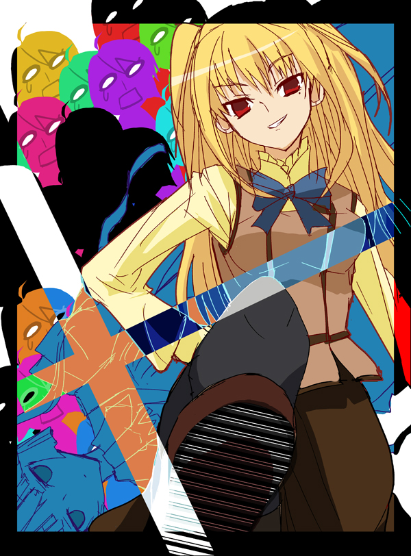 00s, 1boy, 2girls, aki_masanari, blue_bow, blue_bowtie, bow, bowtie