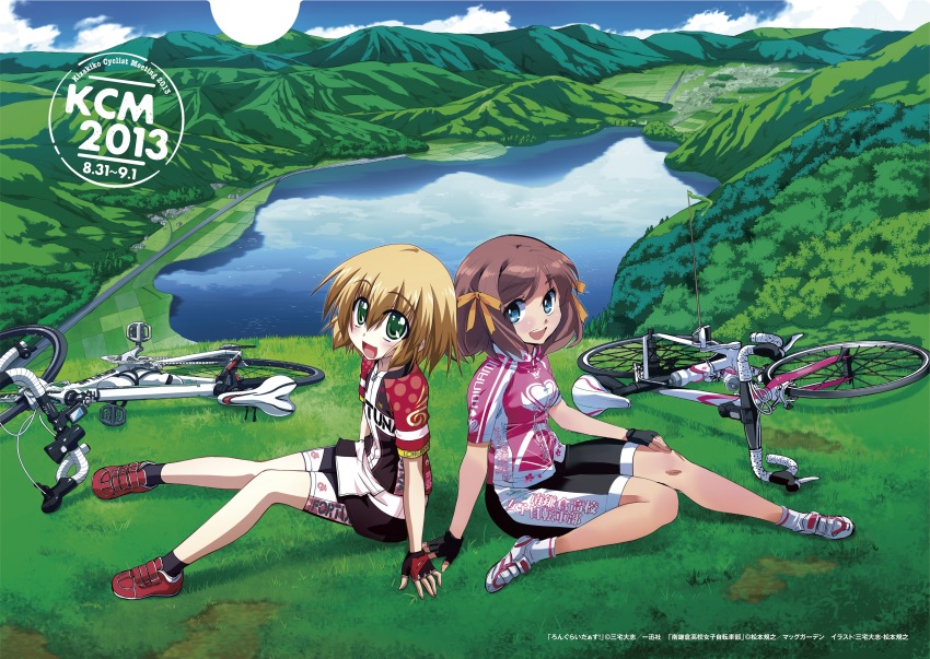 2013, 2girls, :d, absurdres, artist_collaboration, bicycle, bike_jersey, bike_shorts