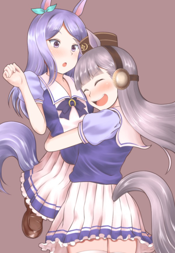 animal_ears, blunt_bangs, breasts, commentary_request, gold_ship_(umamusume), horse_ears, horse_girl, horse_tail, hug, kikikitsune, long_hair, mejiro_mcqueen_(umamusume), purple_eyes, school_uniform, silver_hair, tail, thighhighs, umamusume, white_thighhighs
