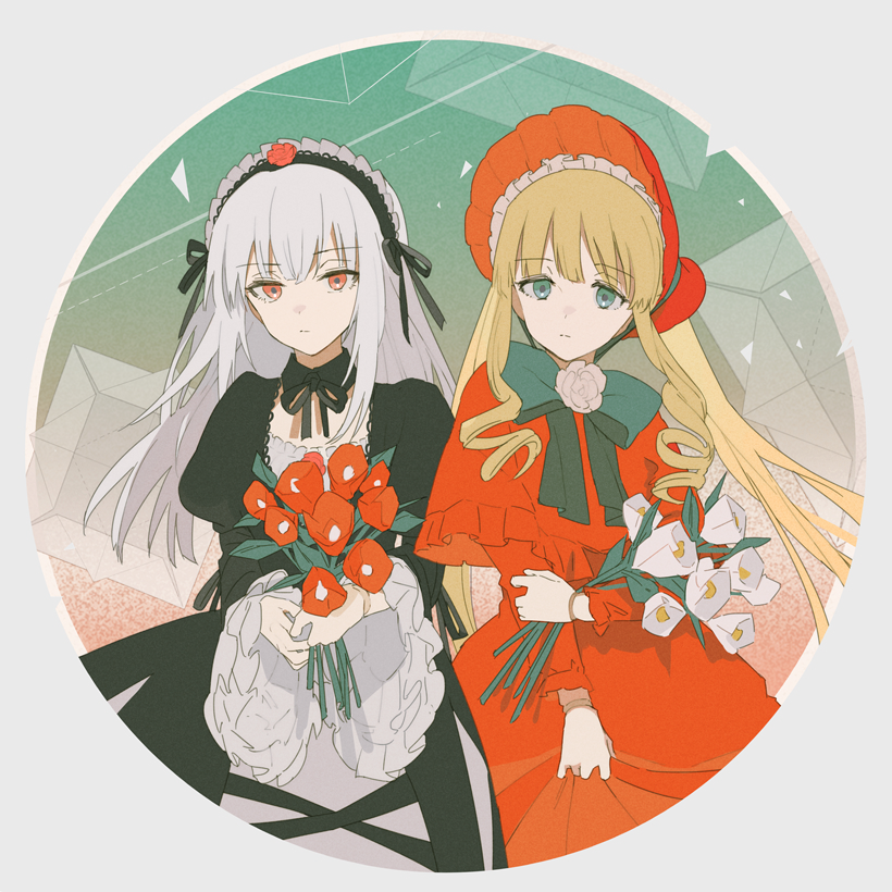 2girls, black_dress, blonde_hair, bonnet, bouquet, bow, bowtie, capelet
