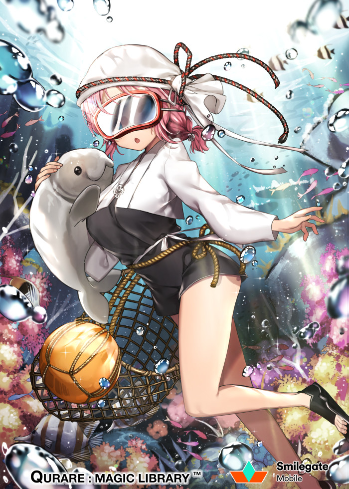 >_<, 1girl, :o, air_bubble, anklet, ball, barefoot, basketball, basketball_(object), blue_eyes, bracelet, breasts, bubble, copyright_name, covered_eyes, day, diving_mask, dugong, female_focus, fish, flippers, flower, gambe, gigo_(qurare), goggles, hair_ornament, jewelry, large_breasts, light_rays, long_sleeves, manatee, net, official_art, open_mouth, pink_flower, pink_hair, qurare_magic_library, ribbon, sea_cow, short_hair, smile, solo, swimsuit, thighs, underwater, watermark, wrist_ribbon
