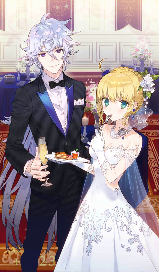 1boy, 1girl, ahoge, alcohol, artoria_pendragon_(fate), avalon_celebrate, banner, blonde_hair