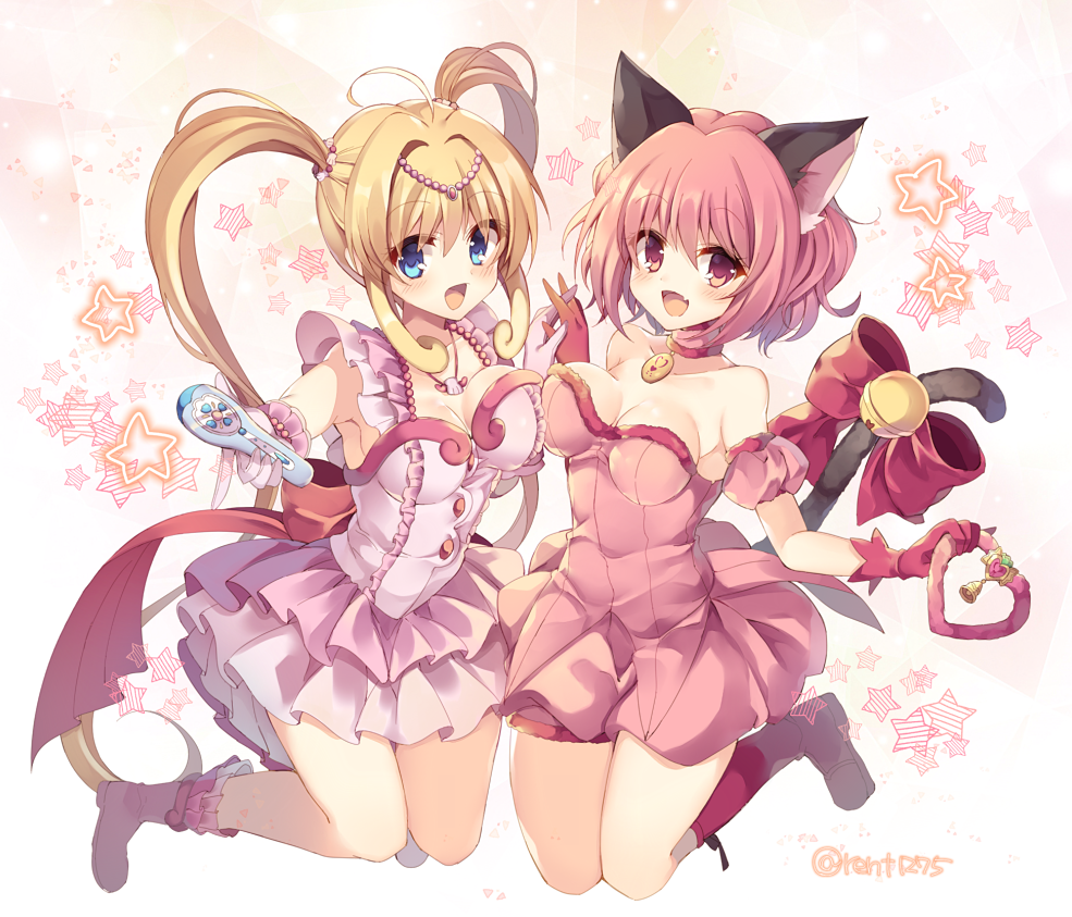 2girls, ahoge, animal_ears, bare_shoulders, blonde_hair, blue_eyes, boots, bow, cat_ears, cat_tail, choker, commentary, crossover, dress, fang, foreshortening, gloves, hair_intakes, holding, holding_hands, holding_wand, jumping, looking_at_viewer, magical_girl, mermaid_melody_pichi_pichi_pitch, mew_ichigo, momomiya_ichigo, multiple_girls, nanami_lucia, nanami_lucia_(idol), nanami_lucia_(super_idol), open_mouth, pink_boots, pink_bow, pink_dress, pink_eyes, pink_gloves, pink_hair, pointing, pointing_at_viewer, red_bow, red_gloves, rento_(rukeai), short_hair, smile, tail, tokyo_mew_mew, twintails, wand