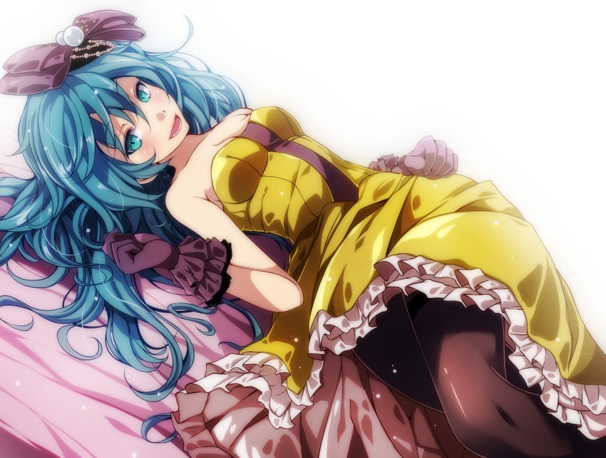 1girl, :d, aqua_eyes, bed_sheet, black_pantyhose, blue_hair, bow, breasts