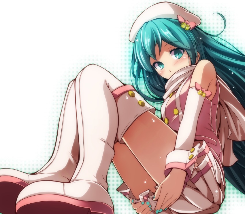 1girl, bell, blue_eyes, blue_hair, blue_nails, boots, bow, detached_sleeves