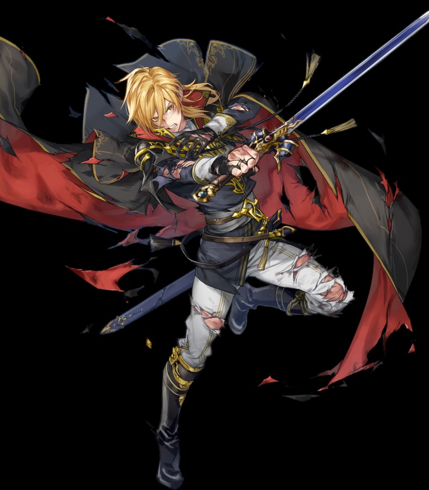 1boy, angry, ares_(fire_emblem), ascot, attack, black_boots, black_cape, black_capelet