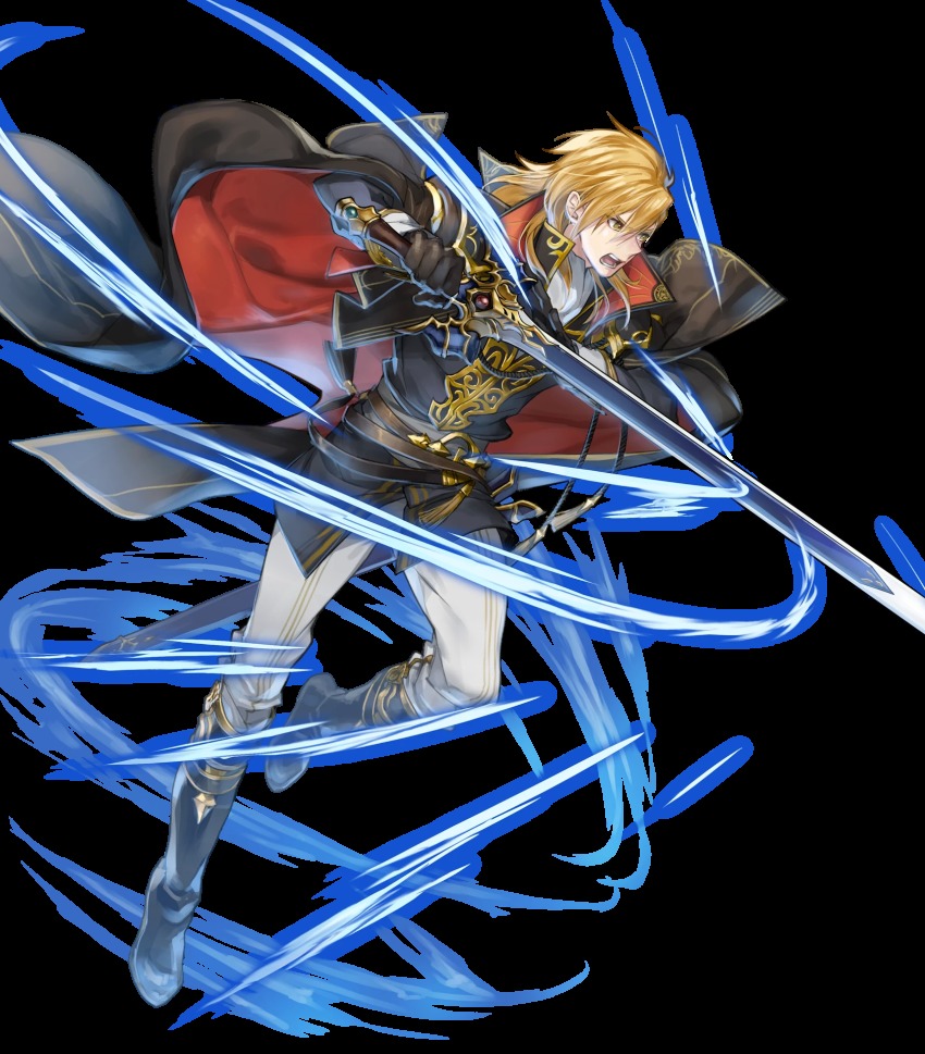 1boy, angry, ares_(fire_emblem), ascot, attack, black_boots, black_cape, black_capelet