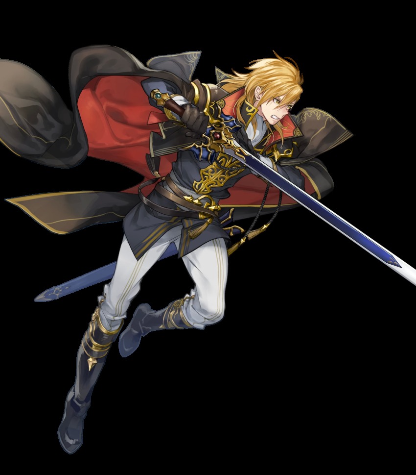 1boy, angry, ares_(fire_emblem), ascot, attack, black_boots, black_cape, black_capelet