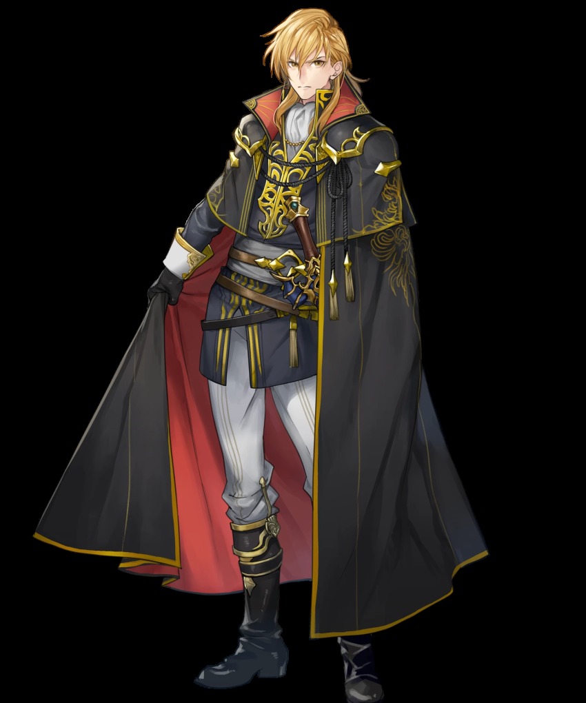 1boy, ares_(fire_emblem), ascot, black_boots, black_cape, black_capelet, black_coat, blonde_hair
