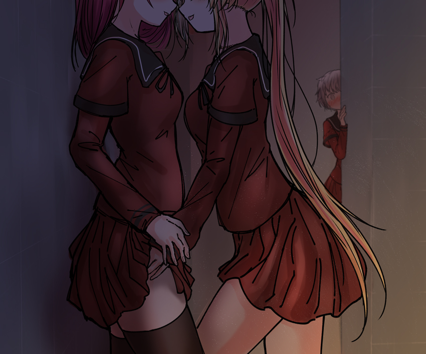 3girls, 5tb, black_legwear, blonde_hair, blush, caught, clothes_lift, female_focus, imminent_kiss, jewelry, magia_record:_mahou_shoujo_madoka_magica_gaiden, mahou_shoujo_madoka_magica, multiple_girls, necklace, peeking, pink_hair, red_skirt, ribbon, school_uniform, serafuku, shinobu_akira_(madoka_magica), skirt, skirt_lift, thighhighs, tokiwa_nanaka, yuri, yusa_hazuki