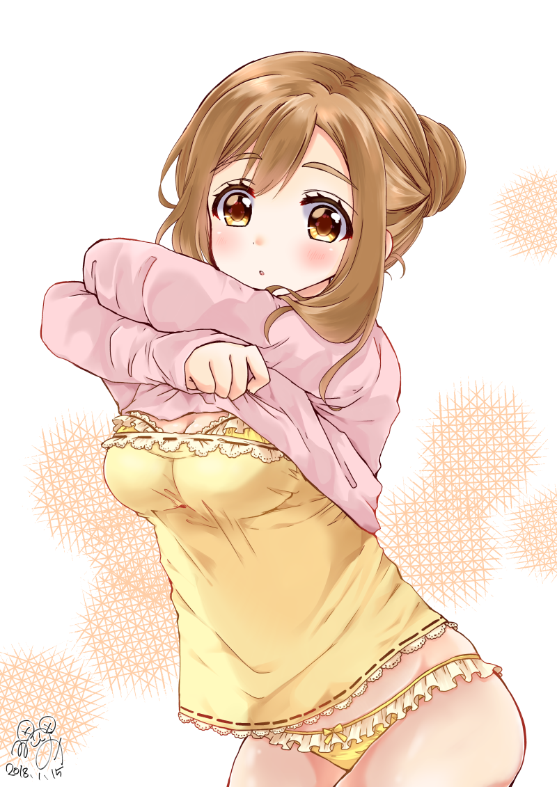 1girl, blonde_hair, blush, brown_hair, camisole, clothes_lift, crossed_arms, dated
